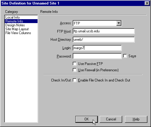 DW "Site Definition" Configuration Dialogue: Remote Info